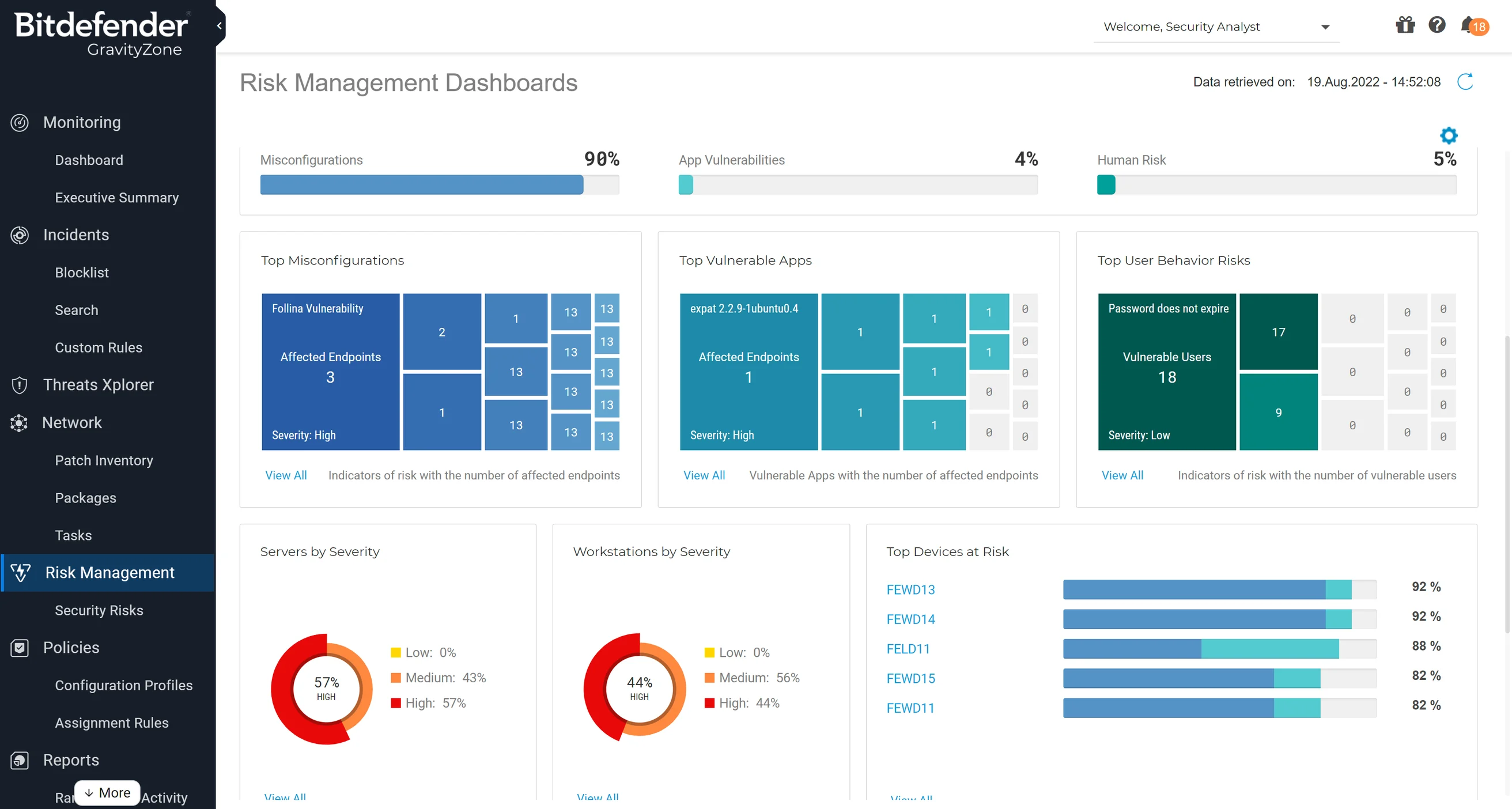 Bitdefender GravityZone risk management dashboard showing real-time threat visibility for Fiji businesses